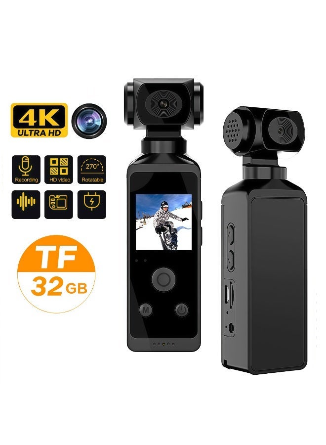Handheld 4K Video Camera Camcorder, UHD 4K 30fps WiFi Pocket Digital Camera, 6-Axis Gyroscope Vlogging Camera with 1.33-inch Screen, 270° Rotatable Lens, Mic Included, IPX8 Waterproof, for Photography, with 32G TF Card - Image 1